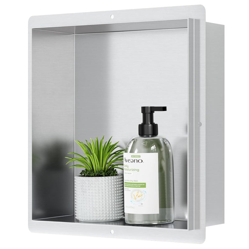 Neodrain Rimless Shower Niche Shelf 12"X12" Stainless Steel Bathroom Wall Niche Waterproof, Recessed Niches for Bathroom Storage, Stainless Wall Cabinet, Brushed - Image 1